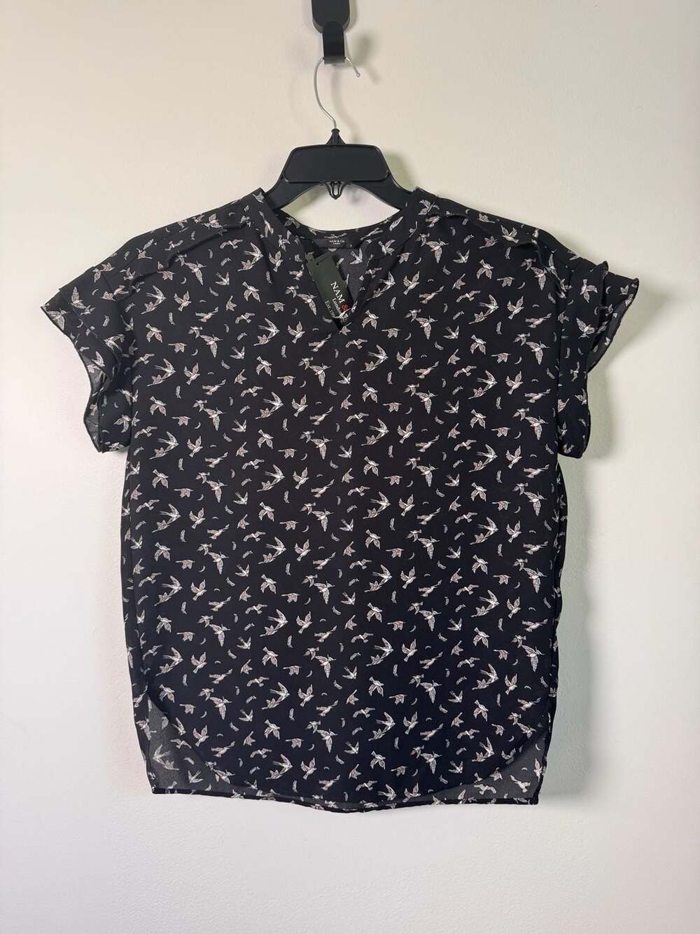 NAM & Co. London Black Bird Print Short Sleeve Blouse Size S